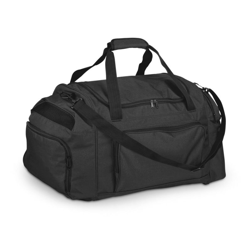 Black duffle bag with shoulder strap and pockets.