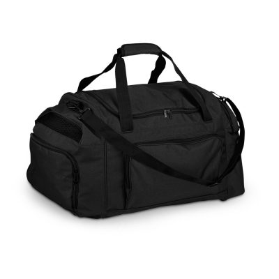 Large black duffle bag with multiple compartments.