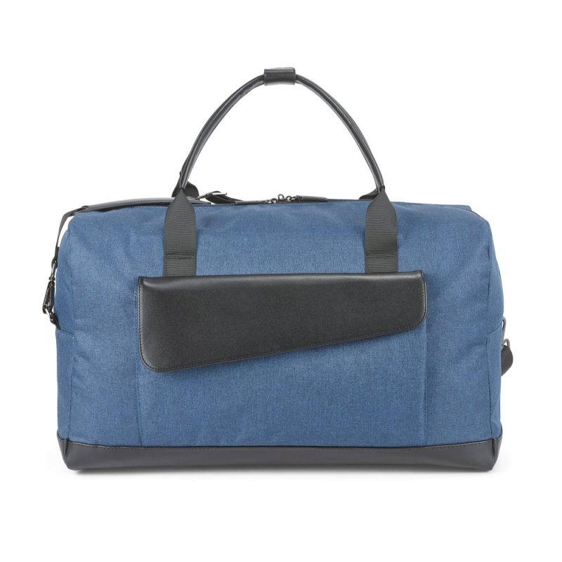 Blue duffle bag with black accents