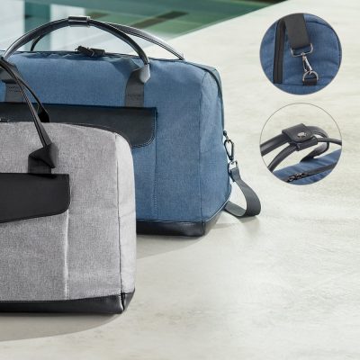 Blue and grey duffle bags with details shown