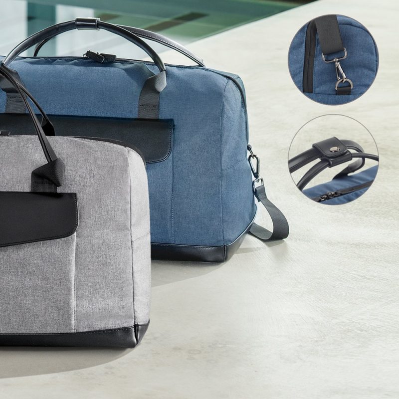 Blue and grey duffle bags with details shown
