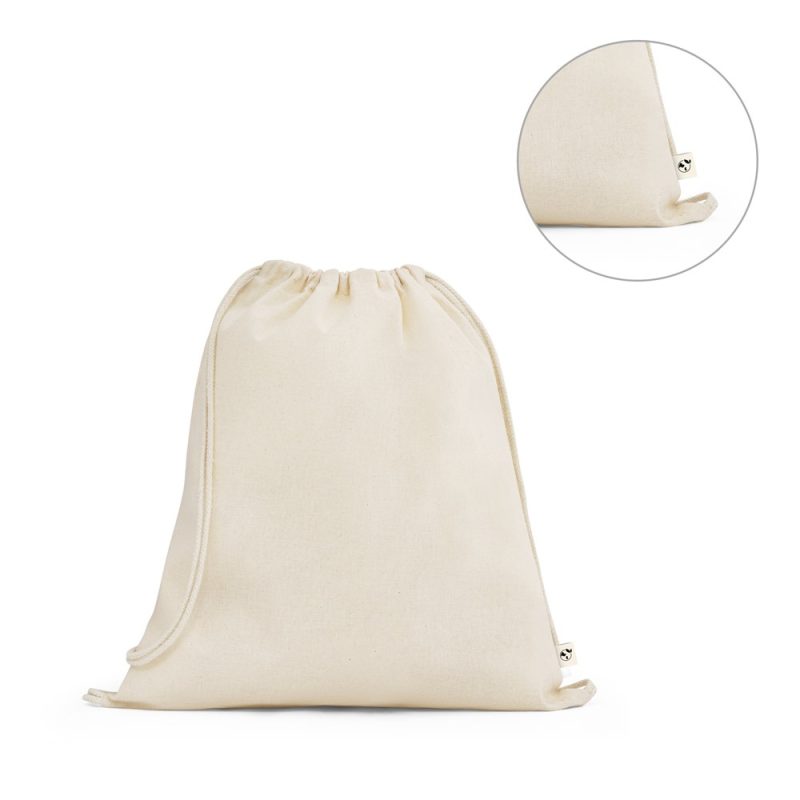 Cream cotton drawstring bag with eco-friendly label.