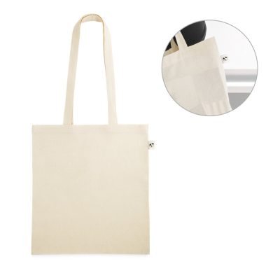 Beige canvas tote bag with long handles.