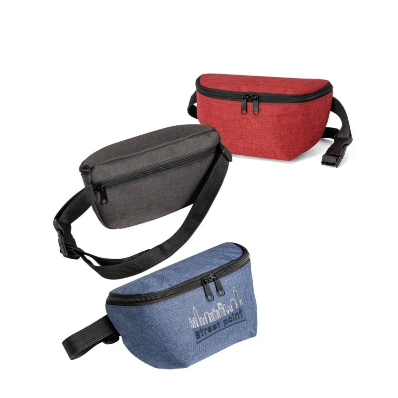Three colourful waist bags with zippers