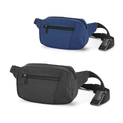 Blue and black waist bags with zippers.
