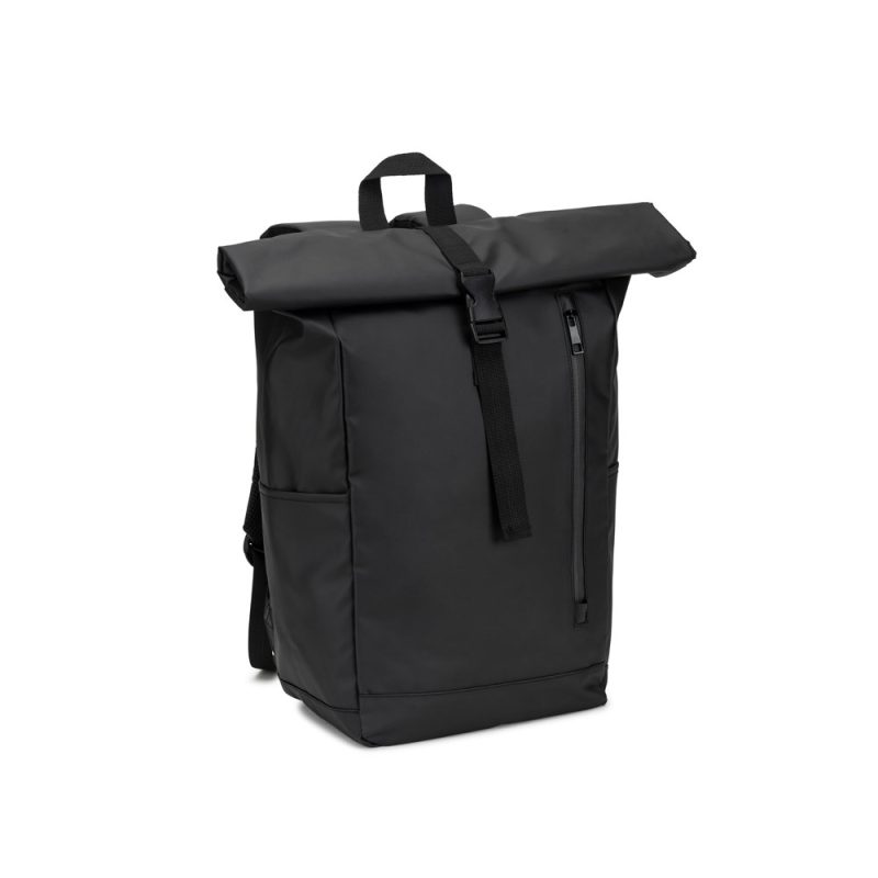 Sleek black roll-top backpack with front zipper.