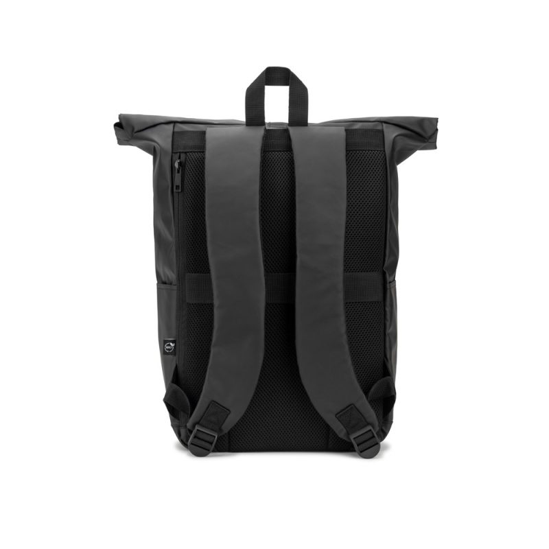 Black backpack with adjustable straps, rear view