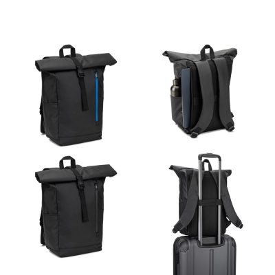 Black urban backpack with blue accents and straps.