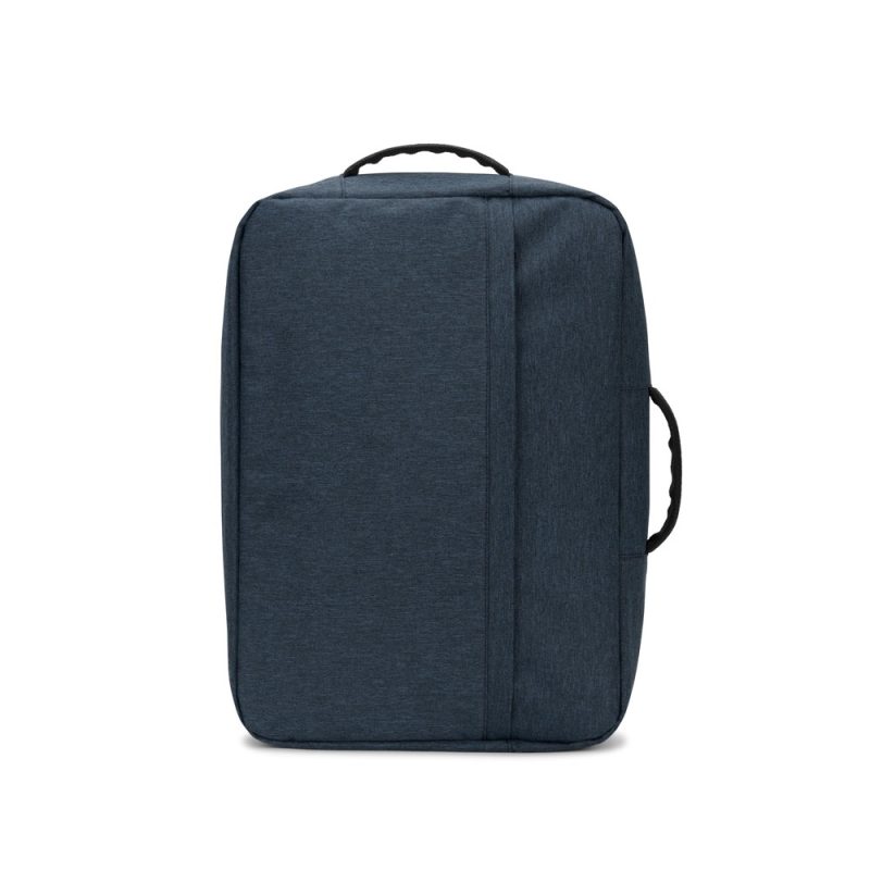 Dark blue travel suitcase with handles on top and side.