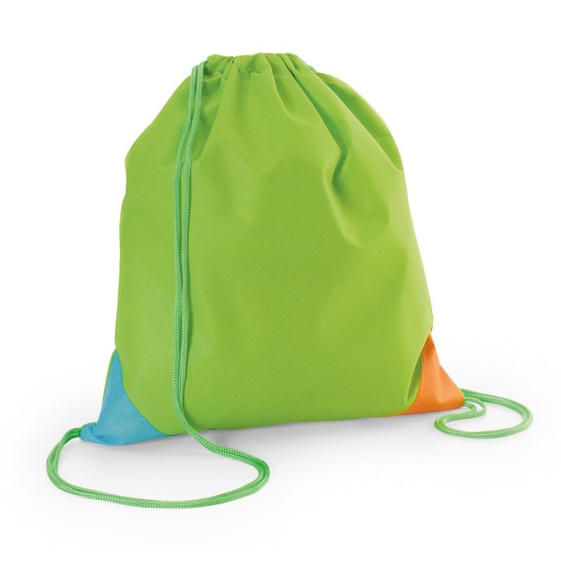Green drawstring bag with blue and orange corners