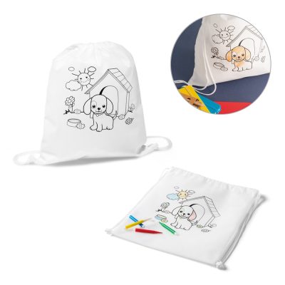 Kids' colour-in drawstring bag with puppy design.
