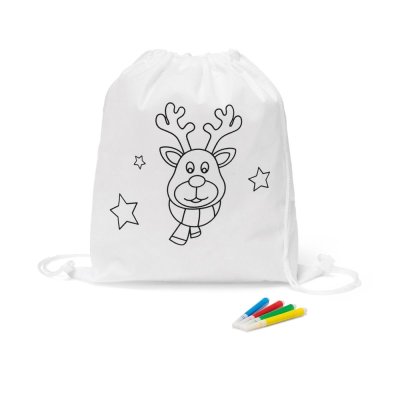 Drawstring bag with reindeer design and colourful markers.
