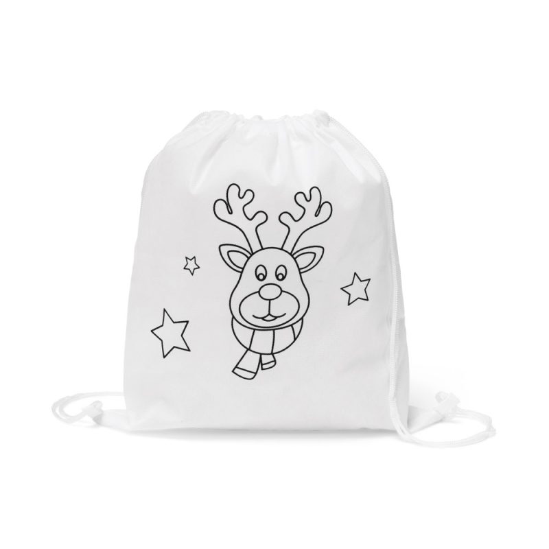 White drawstring bag with reindeer and stars design.