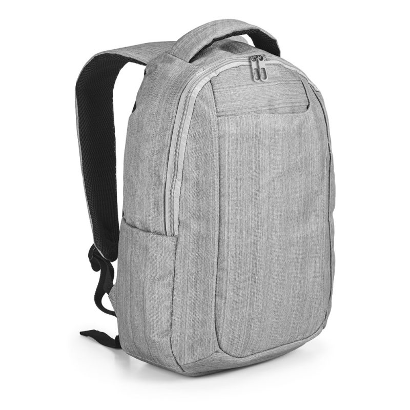 Grey backpack with multiple compartments and handle.