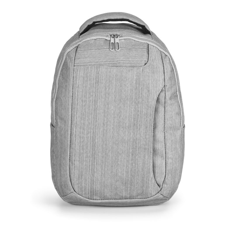 Grey backpack with multiple zippers.