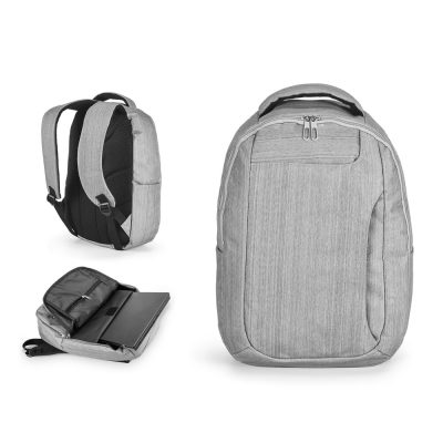 Grey laptop backpack with multiple compartments.