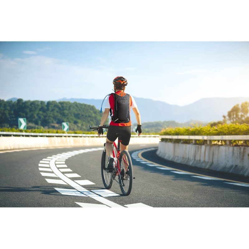 Cyclist riding on a sunny, scenic road.