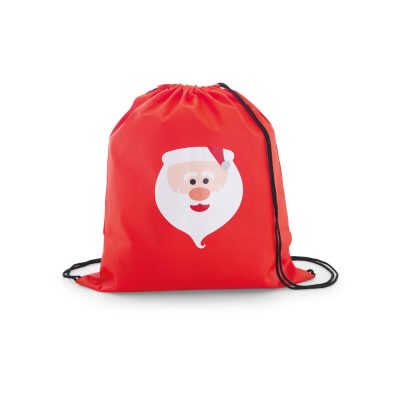 Red drawstring bag with Santa print.