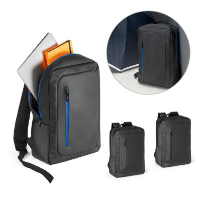 Modern waterproof black backpack with blue zip.