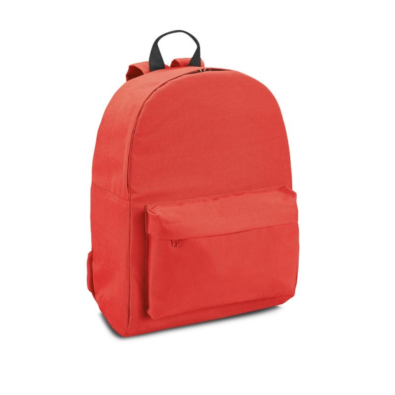 Red backpack with front pocket on white background.