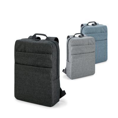 Three backpacks in black, grey, and blue.