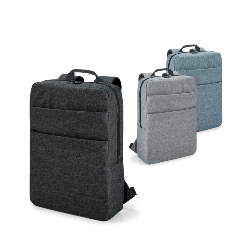 Three backpacks in black, grey, and blue.