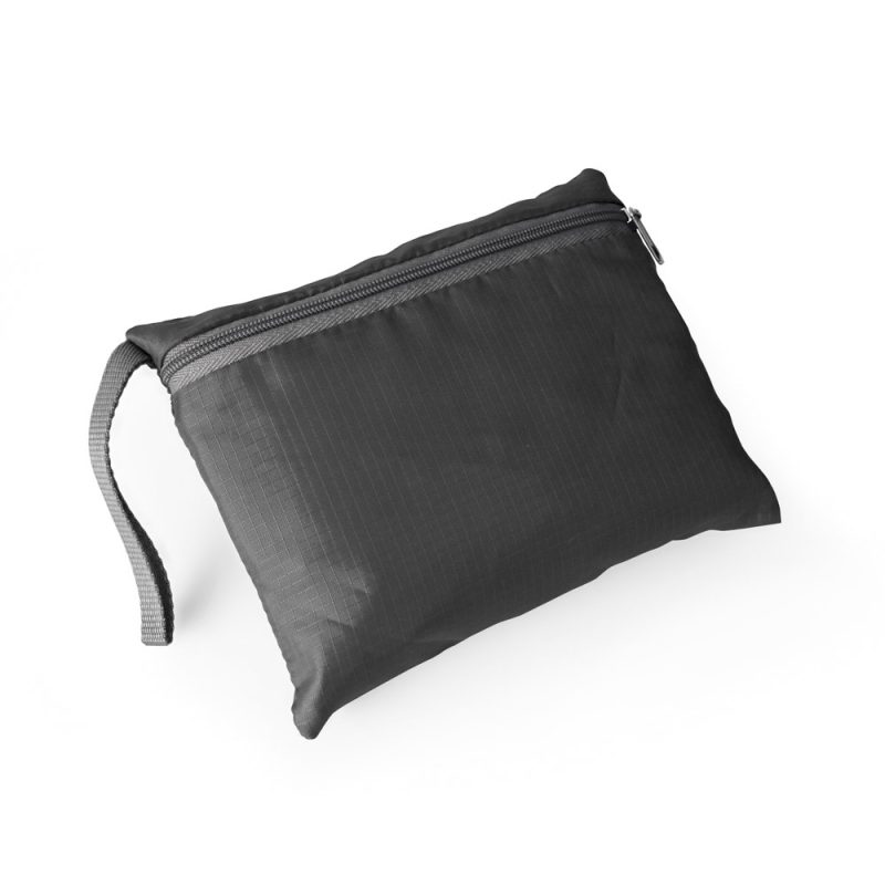 Black zipped fabric pouch with handle.