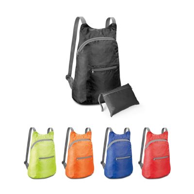 Colourful foldable backpacks with pouches displayed.