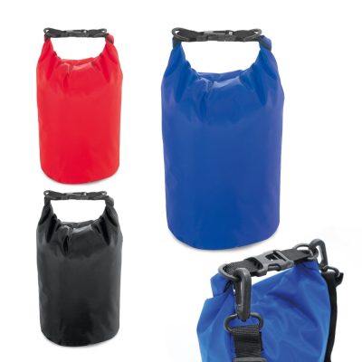 Red, blue, black waterproof dry bags with roll-top closures.