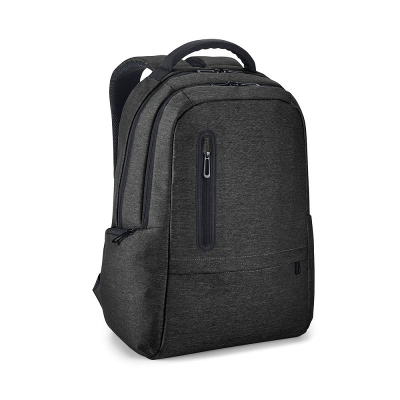 Stylish dark grey backpack with multiple compartments.