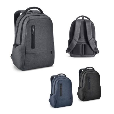 Four modern backpacks in assorted colours, grey and blue.