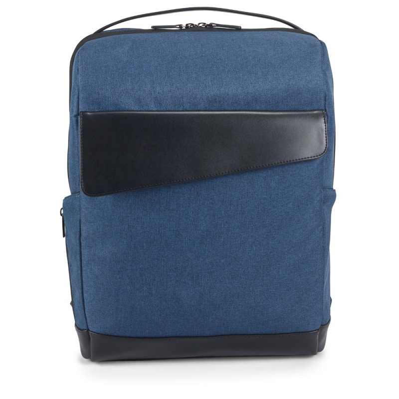 Blue backpack with black leather detail and handle.
