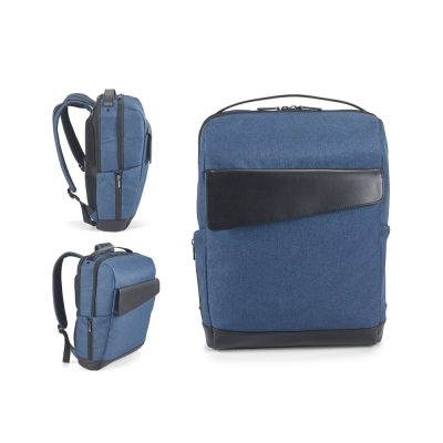 Blue and black modern backpack, three angles shown.