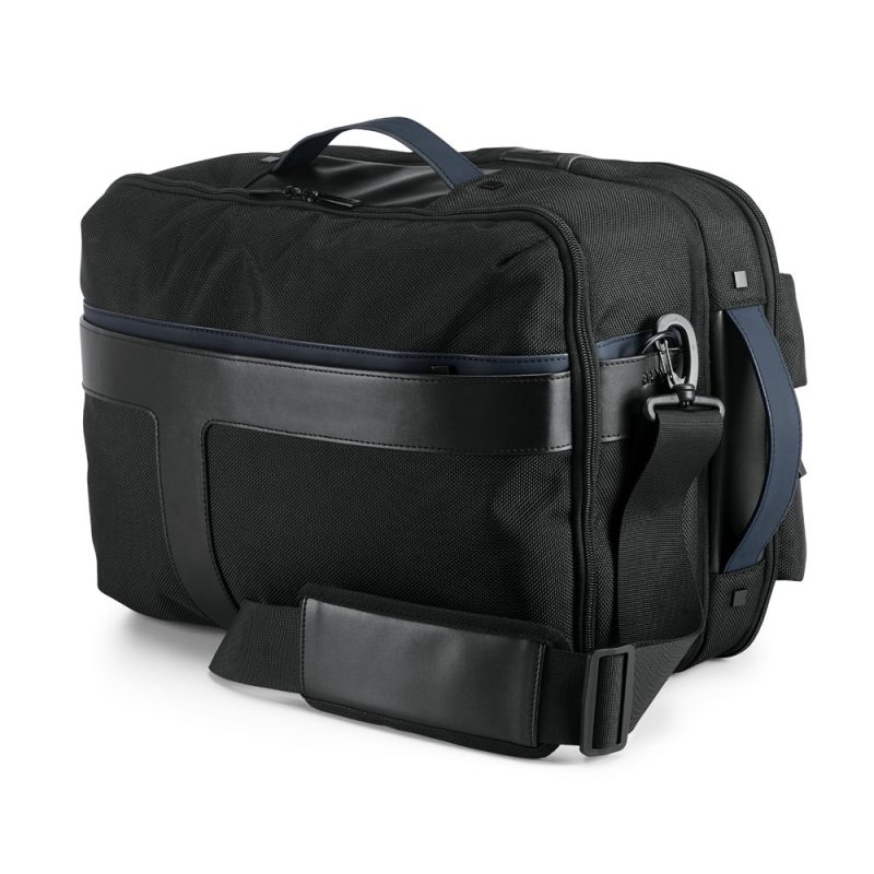Black travel bag with leather accents and strap.