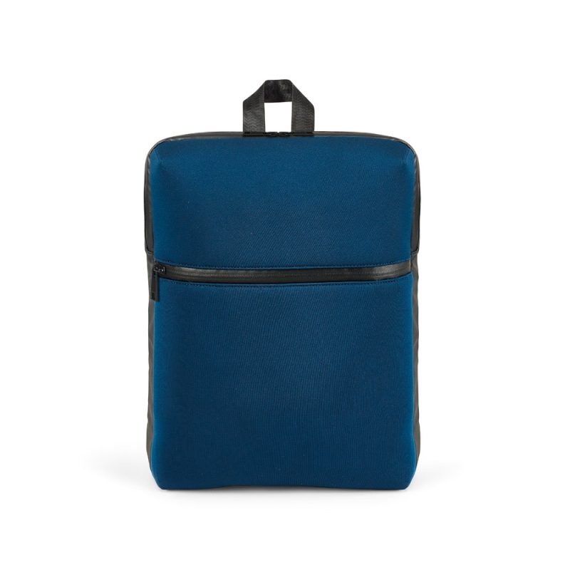 Blue backpack with front zip pocket.