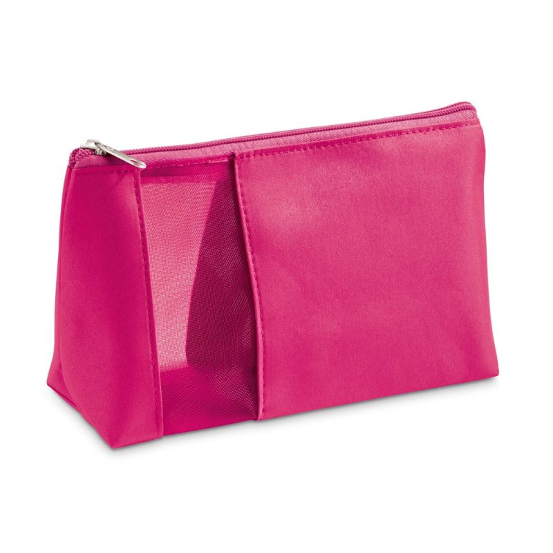 Pink zippered cosmetic bag with mesh panel