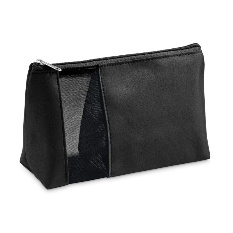 Black fabric zip pouch with mesh side panel.