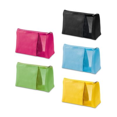 Colourful cosmetic bags arranged in a row