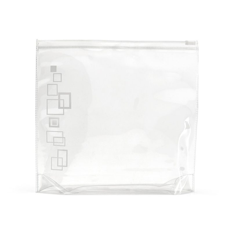 Transparent plastic bag with square pattern design.