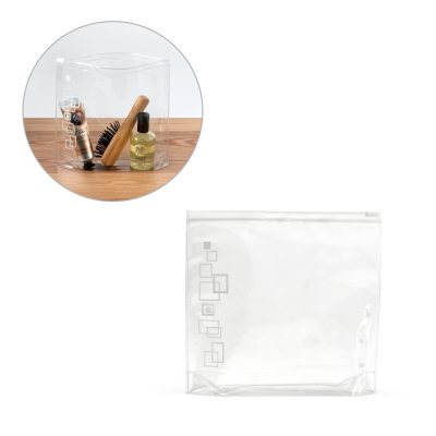 Clear toiletry bag with cosmetics and hairbrush