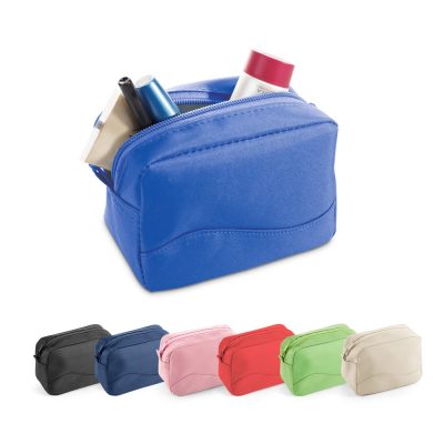 Colourful zippered bags with toiletry items displayed.