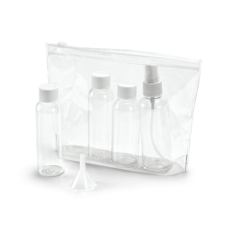 Travel-sized clear bottles and funnel set