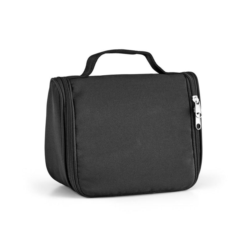 Black travel toiletry bag with zip.