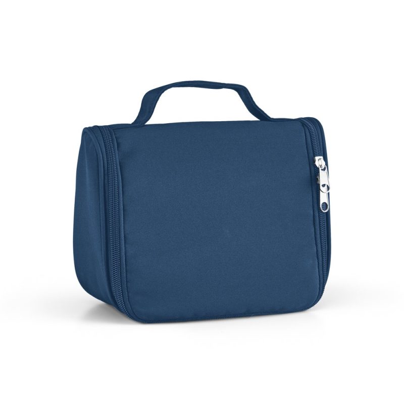 Blue zipper toiletry bag with handle.