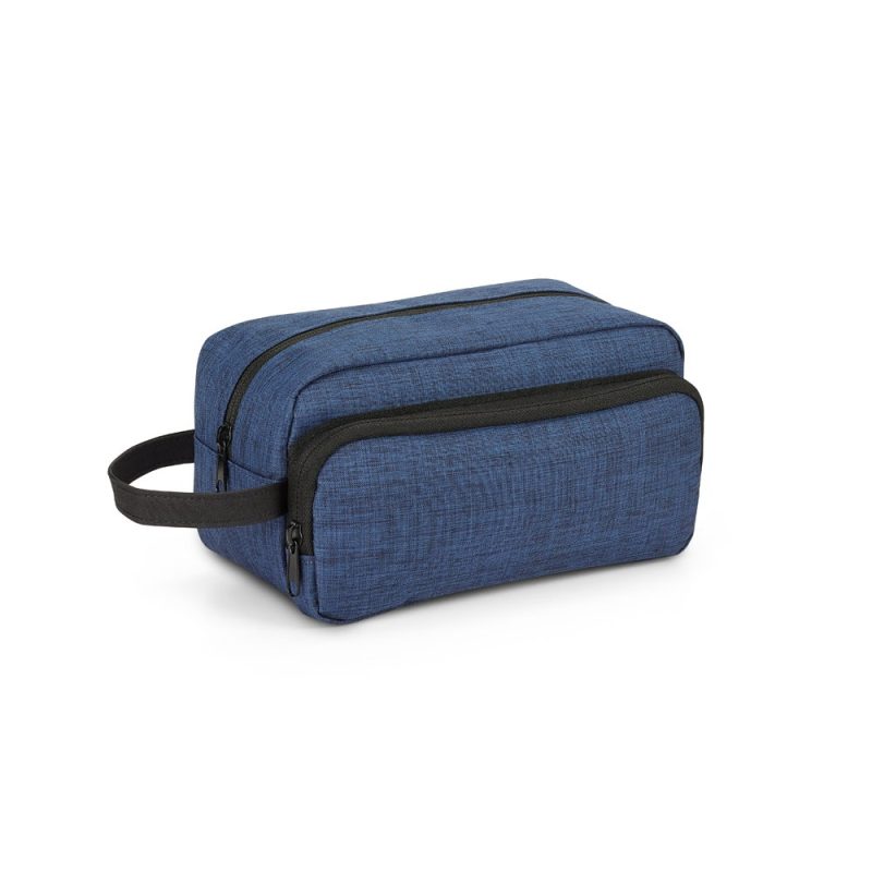 Blue toiletry bag with zip and handle.