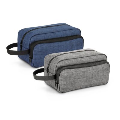 Two fabric toiletry bags, blue and grey, with zips.