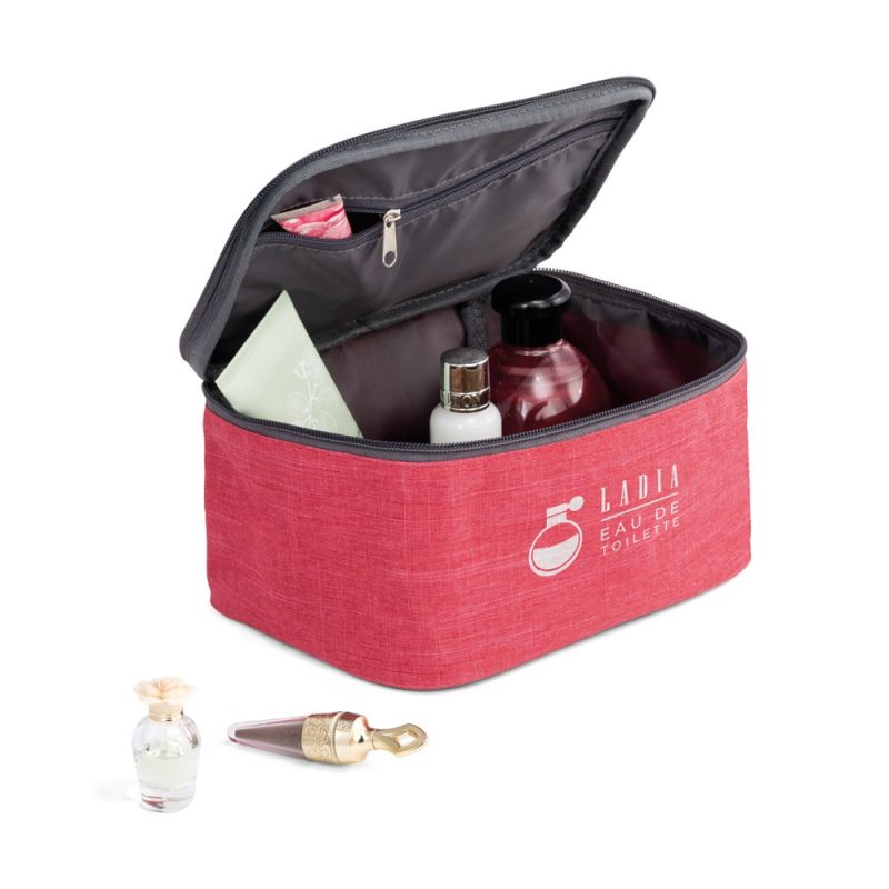 Red toiletry bag with bottles and cosmetics.