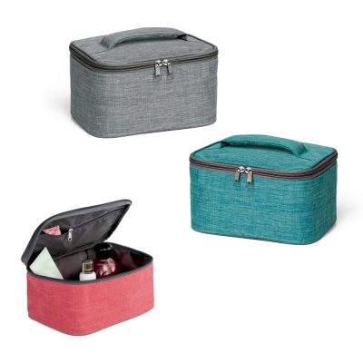 Three differently coloured toiletry bags arranged together.