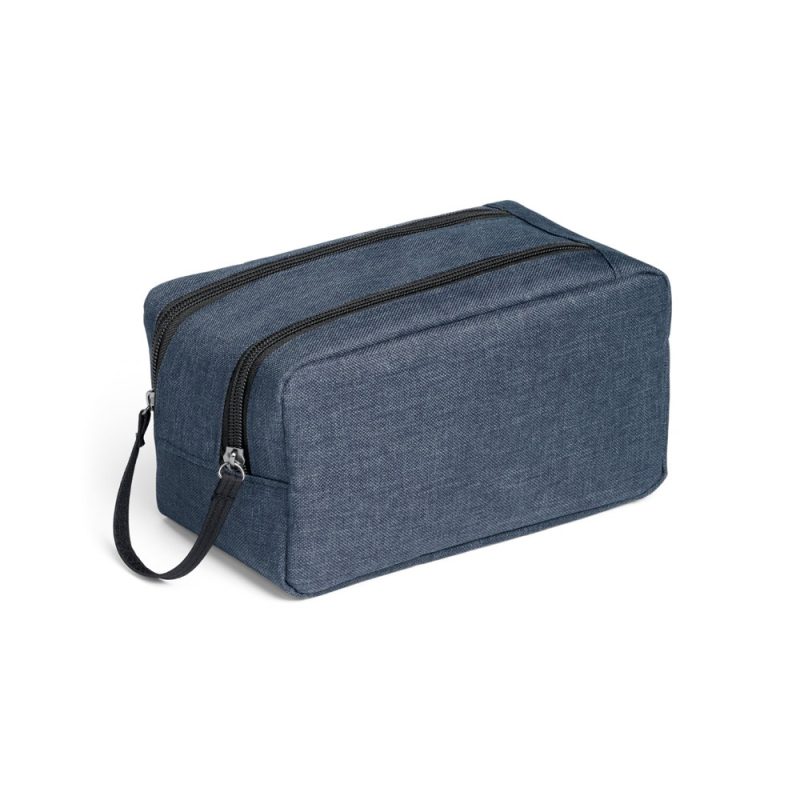 Navy blue toiletry bag with double zips and handle.