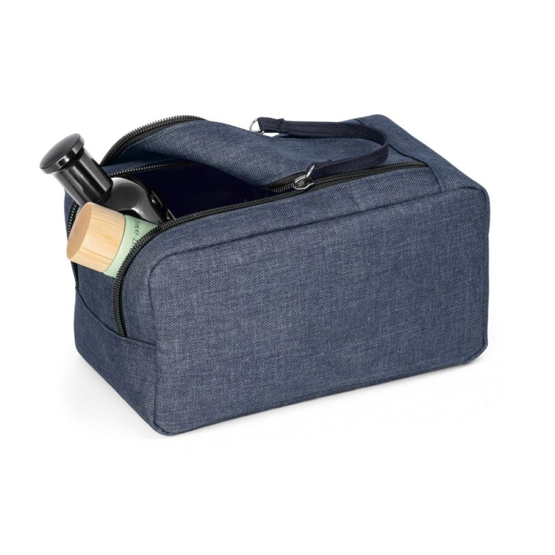 Blue toiletry bag with zippered pocket.